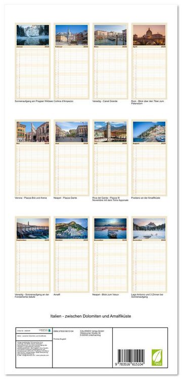Produktbild: Familienplaner 2026 - Italien - zwischen Dolomiten und Amalfik&uuml;ste mit 5 Spalten (Wandkalender, 21 x 45 cm) CALVENDO