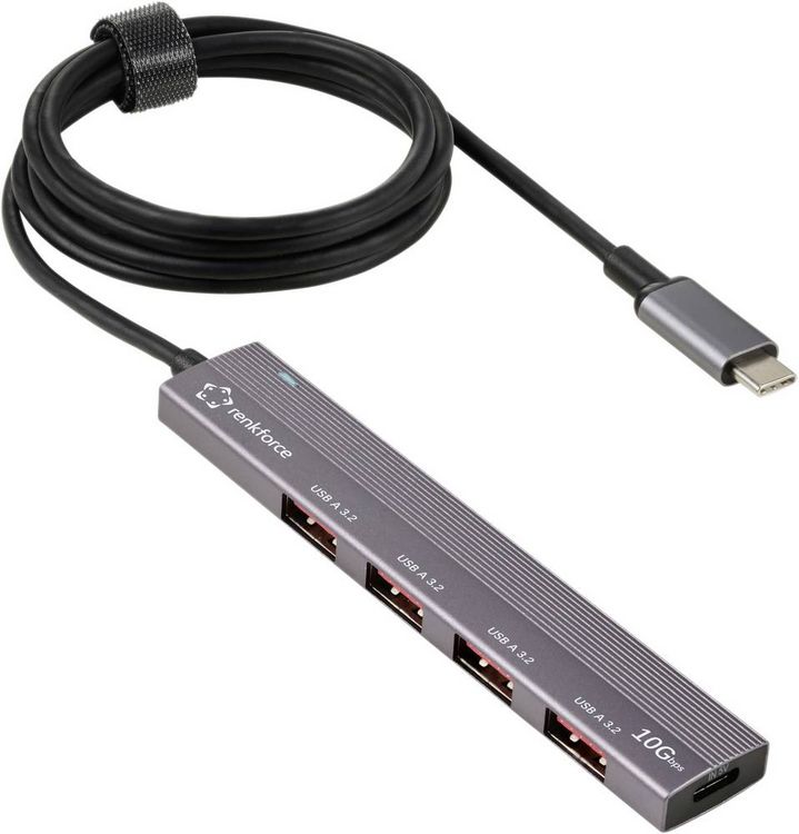 Produktbild: Renkforce RF-6700798 USB-Hub 4 Port USB-A USB 3.2 Gen2 10 GBit/s mit USB-C&reg; Stecker, mit Aluminiumgeh&auml;use, USB-C&reg; PD