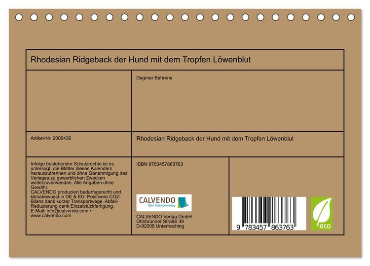 Produktbild: Rhodesian Ridgeback der Hund mit dem Tropfen L&ouml;wenblut (Tischkalender 2026 DIN A5 quer), CALVENDO Monatskalender