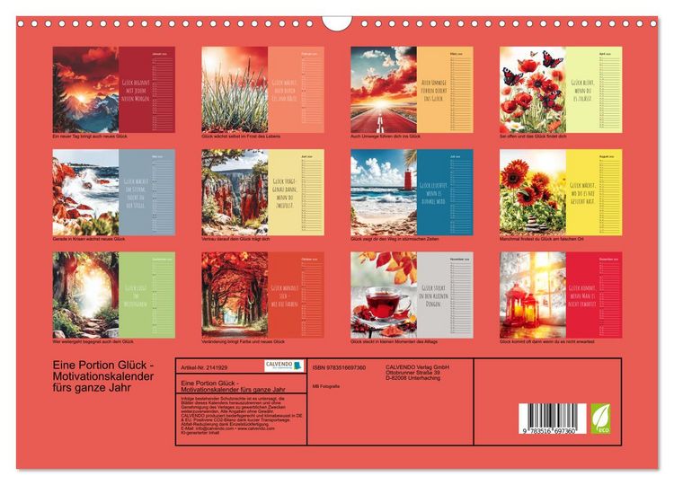 Produktbild: Eine Portion Gl&uuml;ck - Motivationskalender f&uuml;rs ganze Jahr (Wandkalender 2026 DIN A3 quer), CALVENDO Monatskalender
