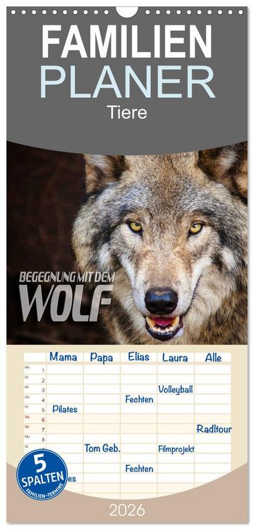 Produktbild: Familienplaner 2026 - Begegnung mit dem Wolf mit 5 Spalten (Wandkalender, 21 x 45 cm) CALVENDO
