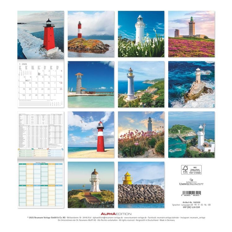 Produktbild: Leuchttürme 2026 - Broschürenkalender 30x30 cm (30x60 geöffnet) - Kalender mit Platz für Notizen - Wandkalender - Wandplaner - Leuchtturmkalender