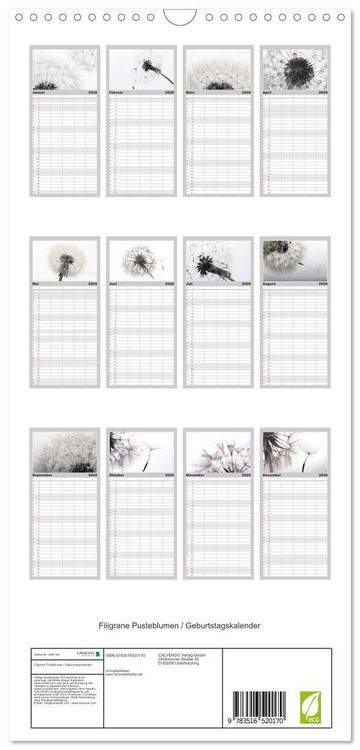 Produktbild: Familienplaner 2026 - Filigrane Pusteblumen / Geburtstagskalender mit 5 Spalten (Wandkalender, 21 x 45 cm) CALVENDO