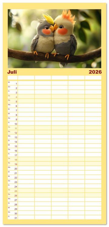 Produktbild: Familienplaner 2026 - Klein, laut, lustig - Nymphensittiche mit 5 Spalten (Wandkalender, 21 x 45 cm) CALVENDO
