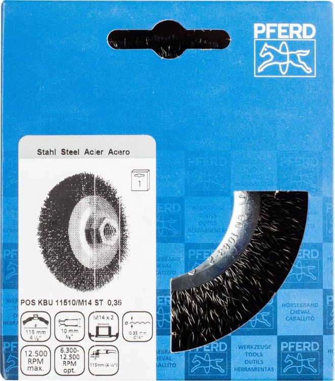 Produktbild: PFERD TOOLS Kegelb&uuml;rste ungezopft KBU &Oslash; 115 x 10 mm M14 Stahl-Draht-&Oslash; 0,35 f&uuml;r Winkelschleifer POS KBU 11510/M14 ST 0,35 43316021 1 St.