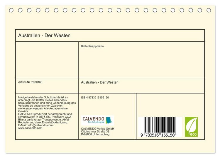 Produktbild: Australien - Der Westen (Tischkalender 2026 DIN A5 quer), CALVENDO Monatskalender