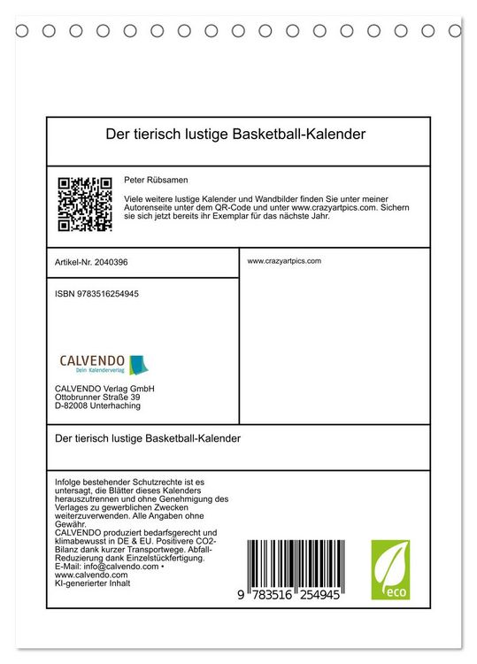 Produktbild: Der tierisch lustige Basketball-Kalender (Tischkalender 2026 DIN A5 hoch), CALVENDO Monatskalender