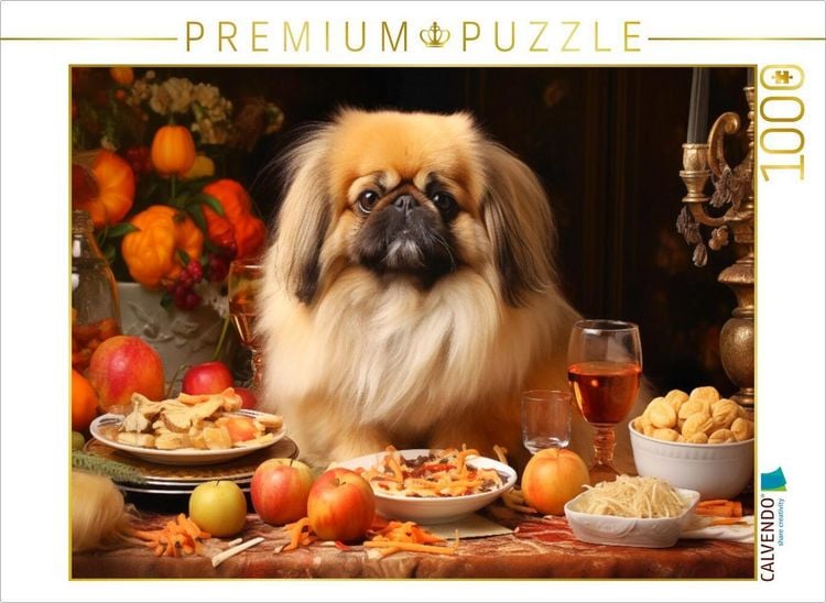Produktbild: CALVENDO Puzzle Lieblicher Pekinese am herbstlich gedeckten Tisch | 1000 Teile Lege-Gr&ouml;&szlig;e 64x48cm Foto-Puzzle f&uuml;r gl&uuml;ckliche Stunden