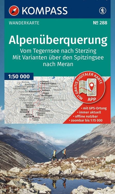 Produktbild: KOMPASS Wanderkarte 288 Alpen&uuml;berquerung, vom Tegernsee nach Sterzing, mit Varianten &uuml;ber den Spitzingsee nach Meran 1:50.000