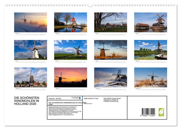 Produktbild: DIE SCH&Ouml;NSTEN WINDM&Uuml;HLEN IN HOLLAND 2026 (hochwertiger Premium Wandkalender 2026 DIN A2 quer), Kunstdruck in Hochglanz