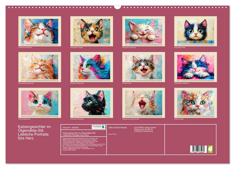 Produktbild: Katzengesichter im &Ouml;lgem&auml;lde-Stil. Liebliche Portraits f&uuml;rs Herz (Wandkalender 2026 DIN A2 quer), CALVENDO Monatskalender