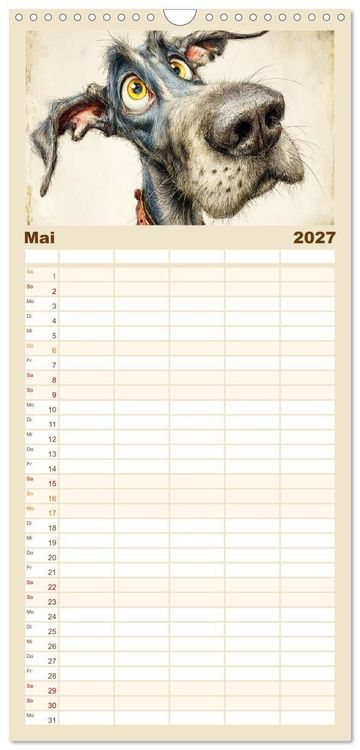 Produktbild: Familienplaner 2027 - Karikatur trifft Hund. Ein Blick auf charmante Vierbeiner mit 5 Spalten (Wandkalender, 21 x 45 cm) CALVENDO