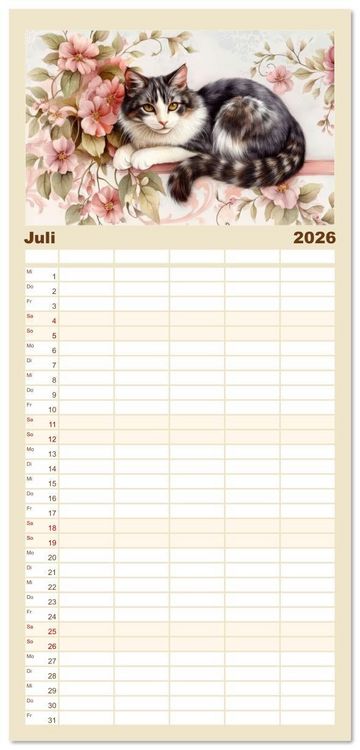 Produktbild: Familienplaner 2026 - Katzensymphonie in Aquarell mit 5 Spalten (Wandkalender, 21 x 45 cm) CALVENDO