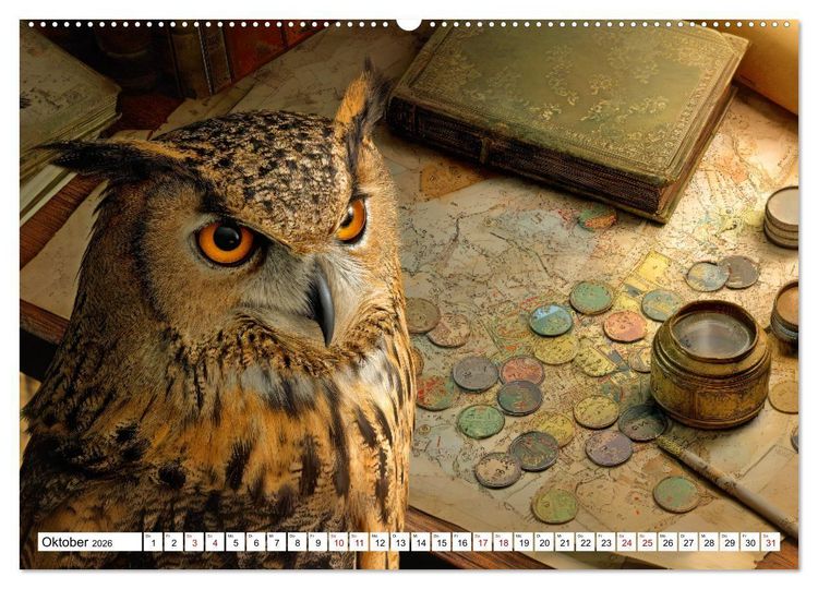 Produktbild: Eulen im Einsatz - 365 Tage voller schr&auml;ger Federf&uuml;hrung (hochwertiger Premium Wandkalender 2026 DIN A2 quer), Kunstdruck in Hochglanz