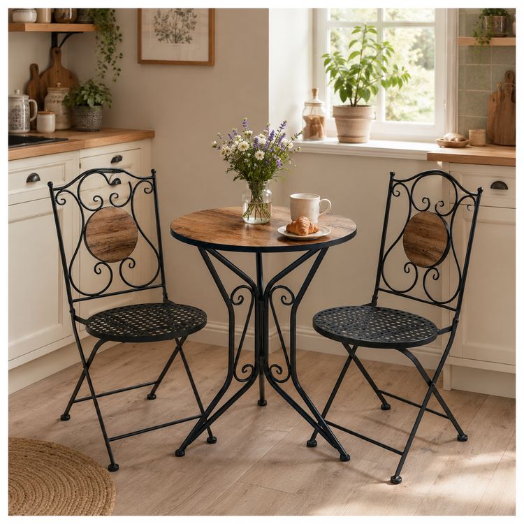 Produktbild: HTI-Living Sitzgruppe Metall schwarz Holz Tisch mit 2 St&uuml;hlen Balkon Set mit Motiv
