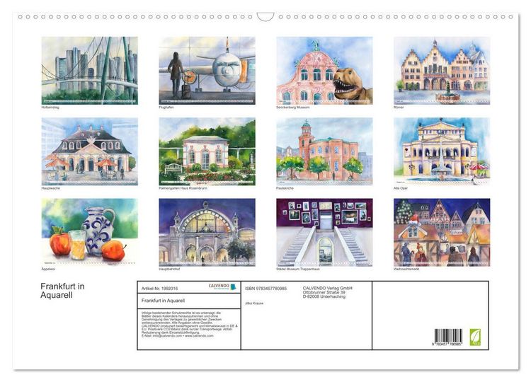 Produktbild: Frankfurt in Aquarell (Wandkalender 2026 DIN A2 quer), CALVENDO Monatskalender