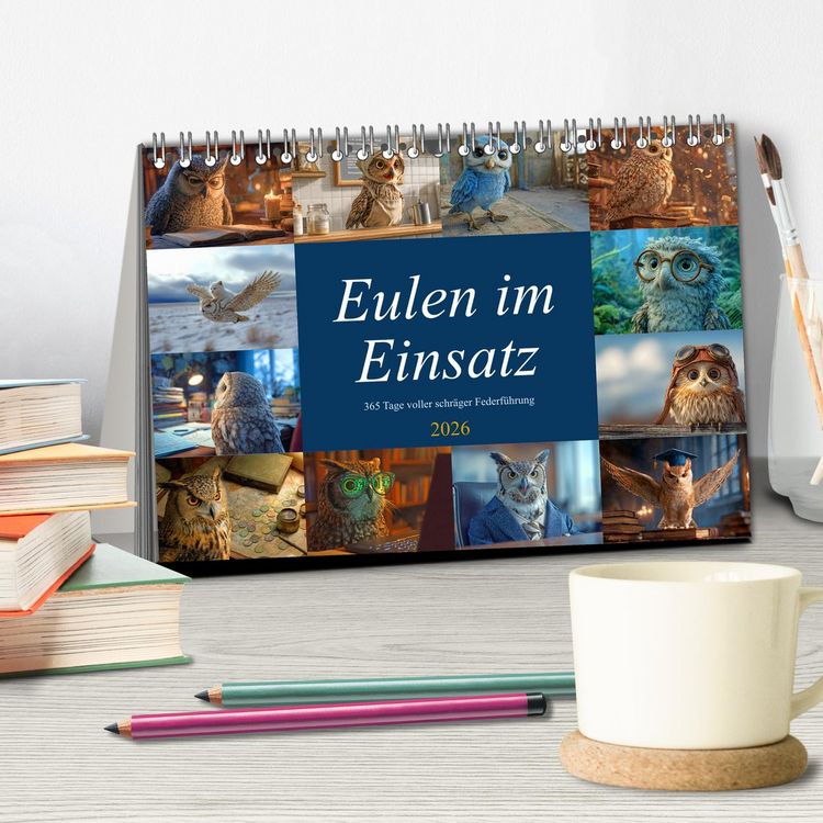 Produktbild: Eulen im Einsatz - 365 Tage voller schr&auml;ger Federf&uuml;hrung (Tischkalender 2026 DIN A5 quer), CALVENDO Monatskalender