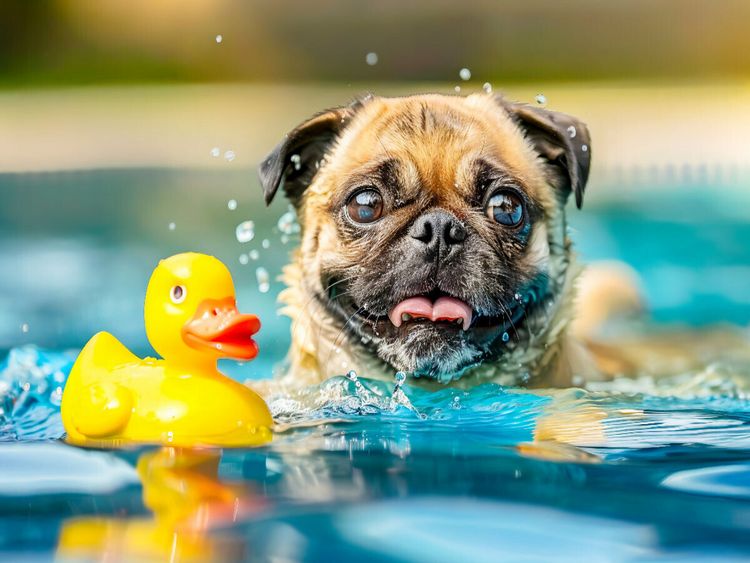 Produktbild: CALVENDO Puzzle Mops planscht im Pool mit Ente | 1000 Teile Lege-Gr&ouml;&szlig;e 64x48cm Foto-Puzzle f&uuml;r gl&uuml;ckliche Stunden