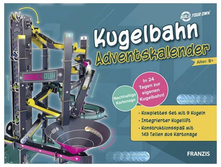 Produktbild: FRANZIS 67300 - Kugelbahn Adventskalender. In 24 Tagen zur eigenen Kugelbahn. Mit nachhaltiger Kartonage. F&uuml;r Kinder ab 8 Jahren
