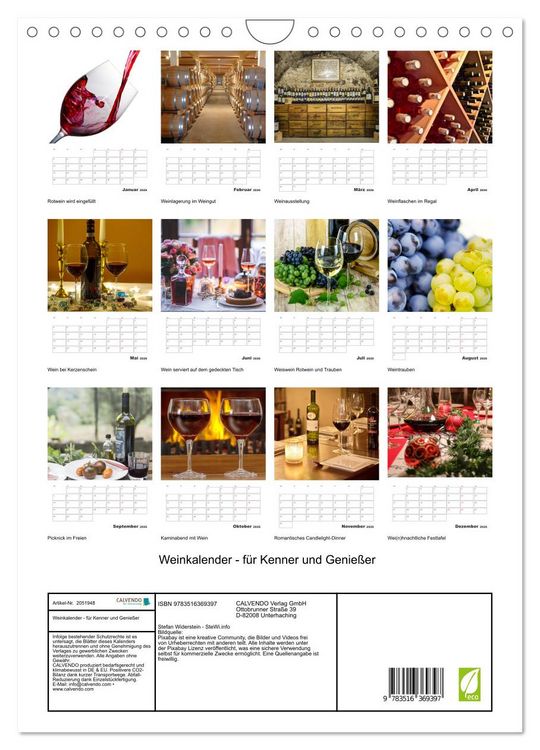 Produktbild: Weinkalender - f&uuml;r Kenner und Genie&szlig;er (Wandkalender 2026 DIN A4 hoch), CALVENDO Monatskalender