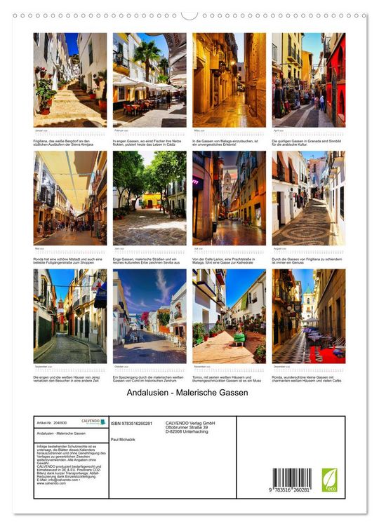 Produktbild: Andalusien - Malerische Gassen (hochwertiger Premium Wandkalender 2026 DIN A2 hoch), Kunstdruck in Hochglanz