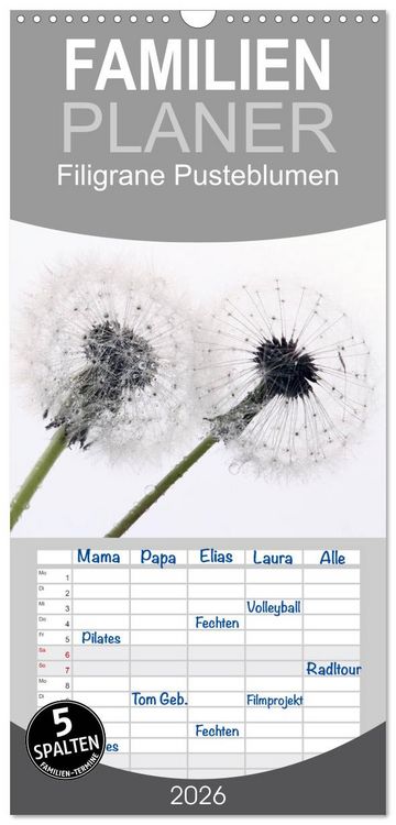 Produktbild: Familienplaner 2026 - Filigrane Pusteblumen / Geburtstagskalender mit 5 Spalten (Wandkalender, 21 x 45 cm) CALVENDO