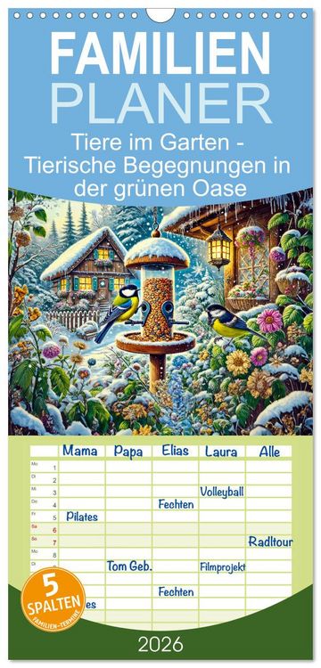 Produktbild: Familienplaner 2026 - Tiere im Garten - Tierische Begegnungen in der gr&uuml;nen Oase mit 5 Spalten (Wandkalender, 21 x 45 cm) CALVENDO