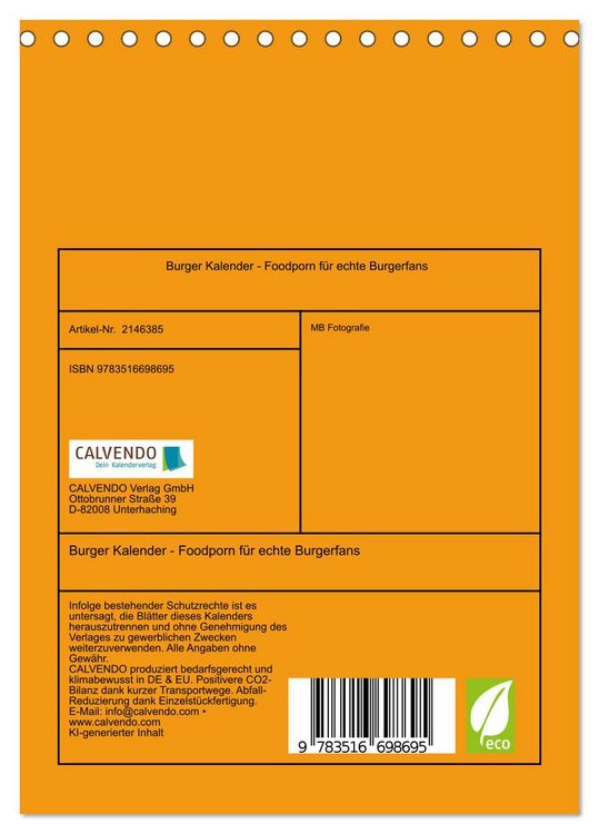 Produktbild: Burger Kalender - Foodporn f&uuml;r echte Burgerfans (Tischkalender 2026 DIN A5 hoch), CALVENDO Monatskalender