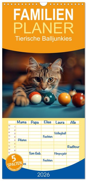 Produktbild: Familienplaner 2026 - Tierische Balljunkies mit 5 Spalten (Wandkalender, 21 x 45 cm) CALVENDO