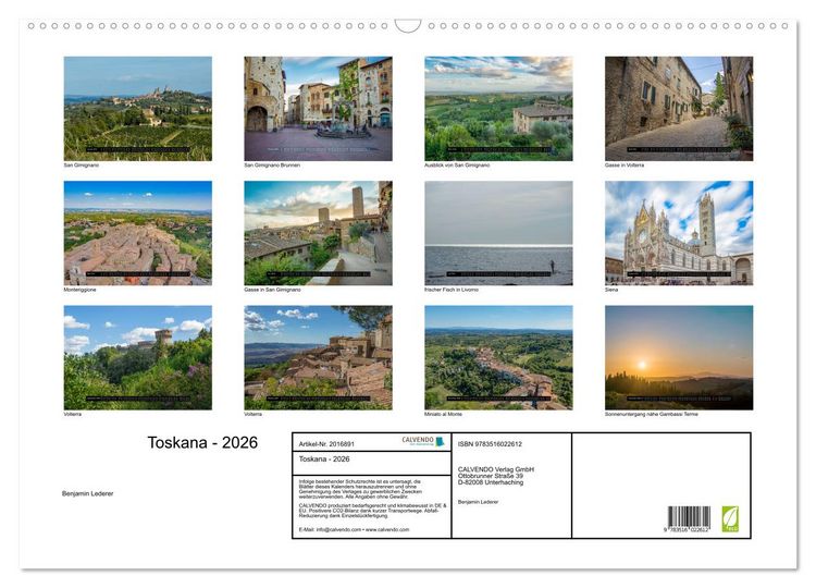Produktbild: Toskana - 2026 (Wandkalender 2026 DIN A2 quer), CALVENDO Monatskalender