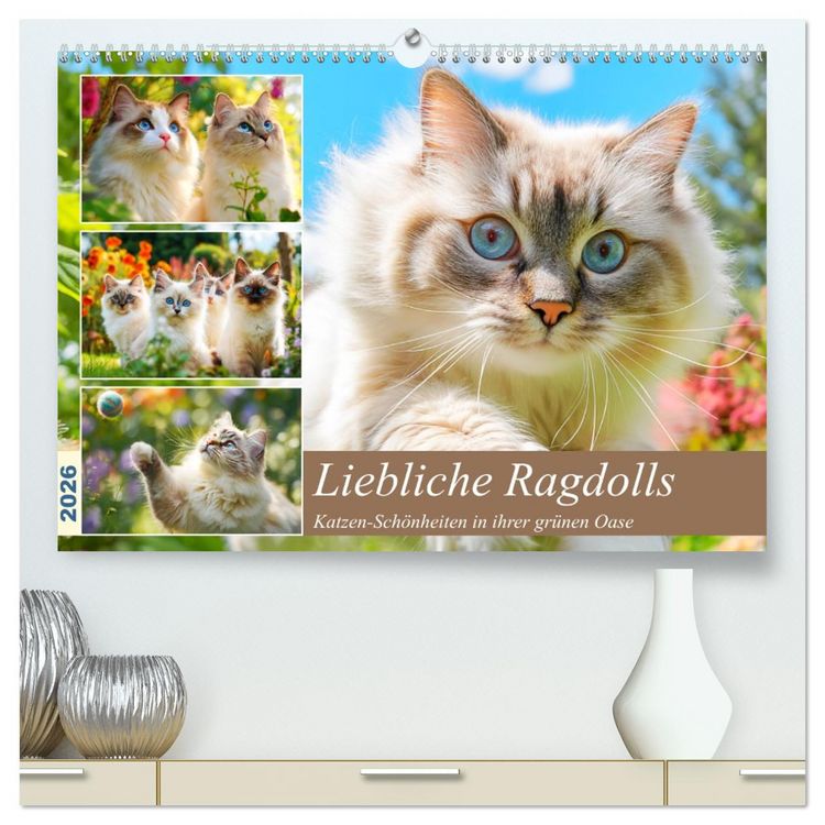 Produktbild: Liebliche Ragdolls. Katzen-Sch&ouml;nheiten in ihrer gr&uuml;nen Oase (hochwertiger Premium Wandkalender 2026 DIN A2 quer), Kunstdruck in Hochglanz