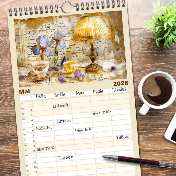 Produktbild: Familienplaner 2026 - Shabby Chic Romantik - Vintage Tassen, Blumen und nostalgische Briefe mit 5 Spalten (Wandkalender, 21 x 45 cm) CALVENDO