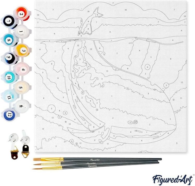 Produktbild: FiguredArt SFA059-Y - Mini Malen nach Zahlen, Blauwal, Leinwand-Keilrahmen 20x20cm, DIY Bastelset, Paint by Numbers