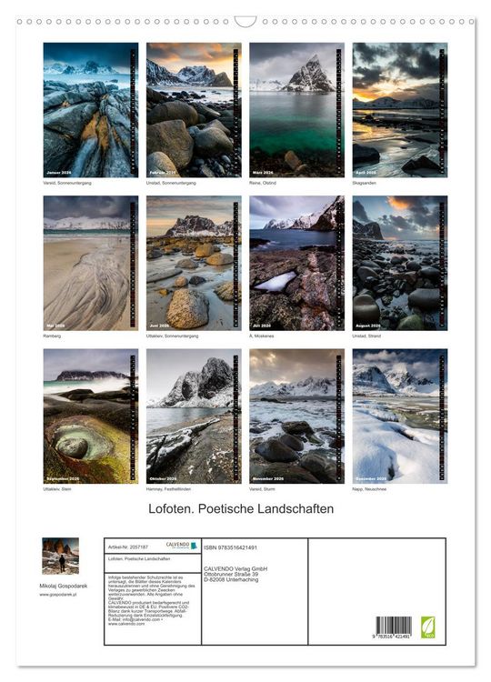 Produktbild: Lofoten. Poetische Landschaften (Wandkalender 2026 DIN A2 hoch), CALVENDO Monatskalender