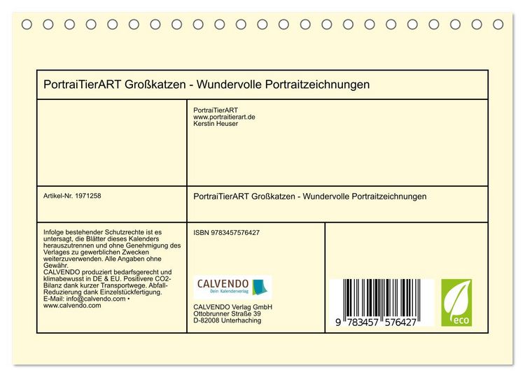 Produktbild: PortraiTierART Gro&szlig;katzen - Wundervolle Portraitzeichnungen (Tischkalender 2026 DIN A5 quer), CALVENDO Monatskalender