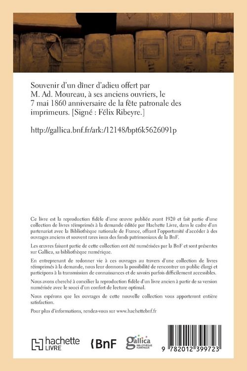 Produktbild: Souvenir d'un d&icirc;ner d'adieu offert par M. Ad. Moureau, &agrave; ses anciens ouvriers, le 7 mai 1860