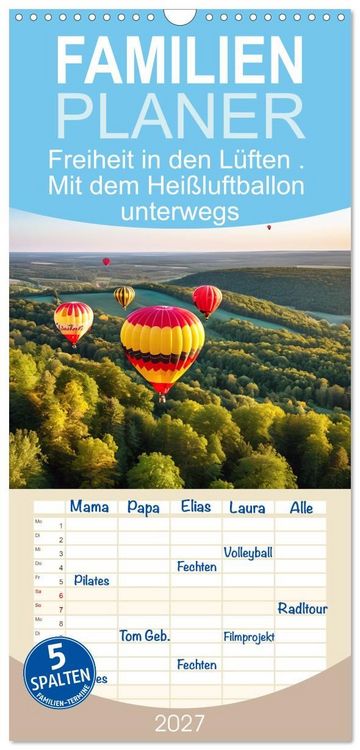 Produktbild: Familienplaner 2027 - Freiheit in den L&uuml;ften. Mit dem Hei&szlig;luftballon unterwegs mit 5 Spalten (Wandkalender, 21 x 45 cm) CALVENDO