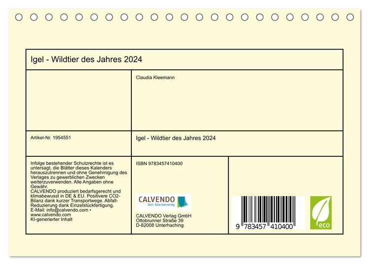 Produktbild: Igel - Wildtier des Jahres 2024 (Tischkalender 2026 DIN A5 quer), CALVENDO Monatskalender