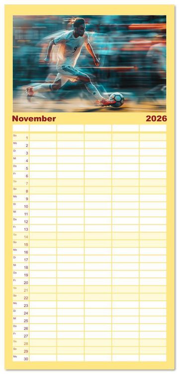 Produktbild: Familienplaner 2026 - Fu&szlig;ball - Dynamik am Ball mit 5 Spalten (Wandkalender, 21 x 45 cm) CALVENDO
