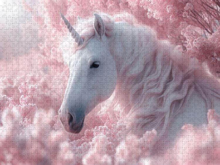 Produktbild: CALVENDO Puzzle Rosa Tr&auml;umerei: Ein Einhorn im Bl&uuml;tenrausch | 1000 Teile Lege-Gr&ouml;&szlig;e 64x48cm Foto-Puzzle f&uuml;r gl&uuml;ckliche Stunden