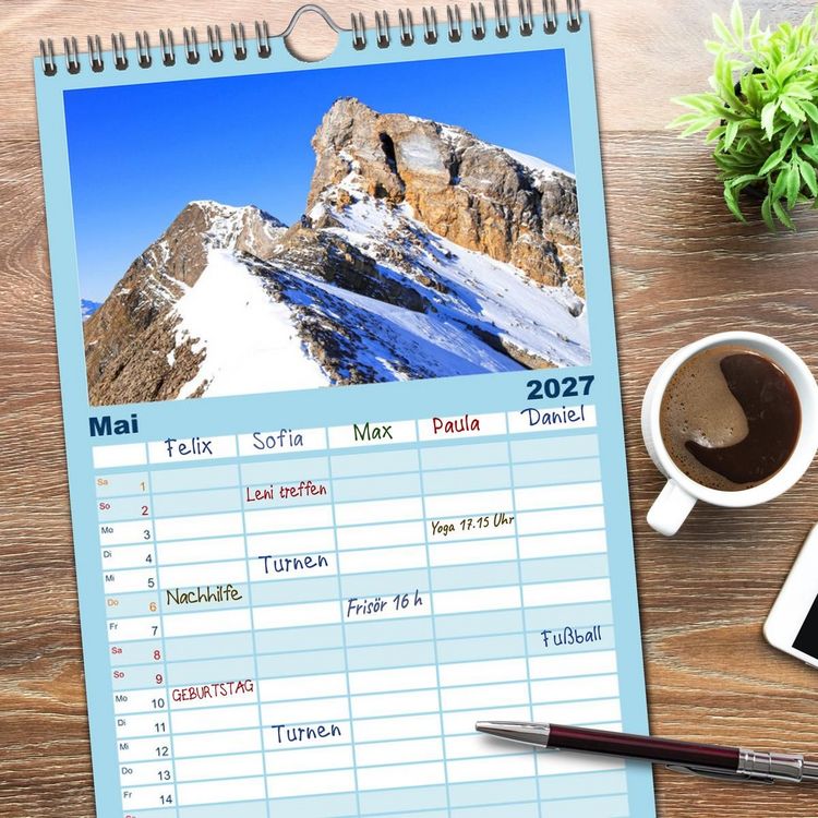 Produktbild: Familienplaner 2027 - Schweizer Berggipfel mit 5 Spalten (Wandkalender, 21 x 45 cm) CALVENDO