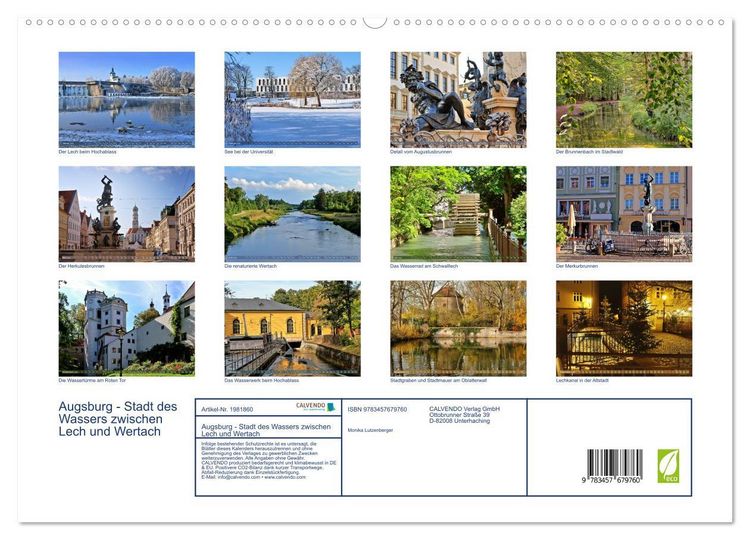Produktbild: Augsburg - Stadt des Wassers zwischen Lech und Wertach (hochwertiger Premium Wandkalender 2026 DIN A2 quer), Kunstdruck in Hochglanz
