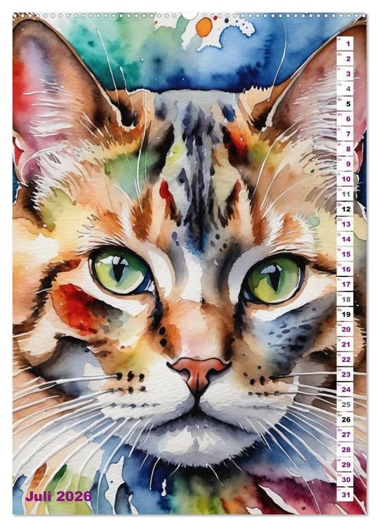 Produktbild: KATZENKALENDER - Aquarell Katzenportraits f&uuml;r Katzenliebhaber (Wandkalender 2026 DIN A2 hoch), CALVENDO Monatskalender