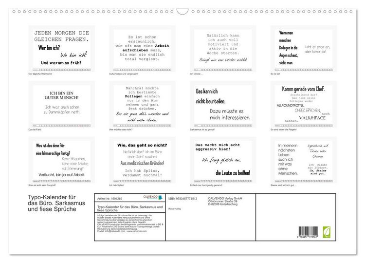 Produktbild: Typo-Kalender f&uuml;r das B&uuml;ro. Sarkasmus und fiese Spr&uuml;che (Wandkalender 2026 DIN A2 quer), CALVENDO Monatskalender