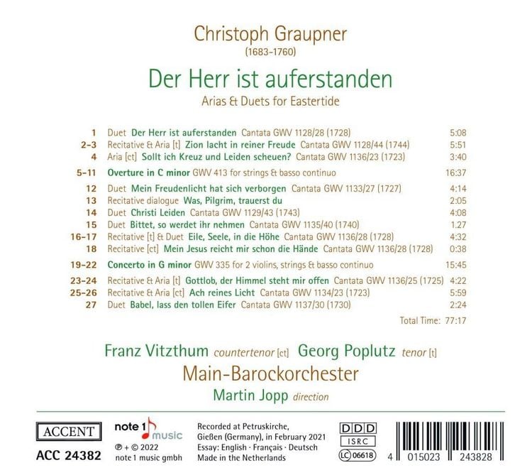 Produktbild: Christoph Graupner: Der Herr ist auferstanden - Ar
