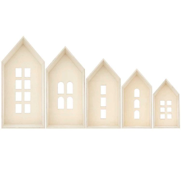 Produktbild: 5er Set Holz-Deko-H&auml;user aus Holz mit Fenstern,