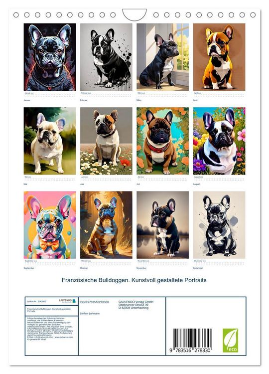 Produktbild: Franz&ouml;sische Bulldoggen. Kunstvoll gestaltete Portraits (Wandkalender 2026 DIN A4 hoch), CALVENDO Monatskalender