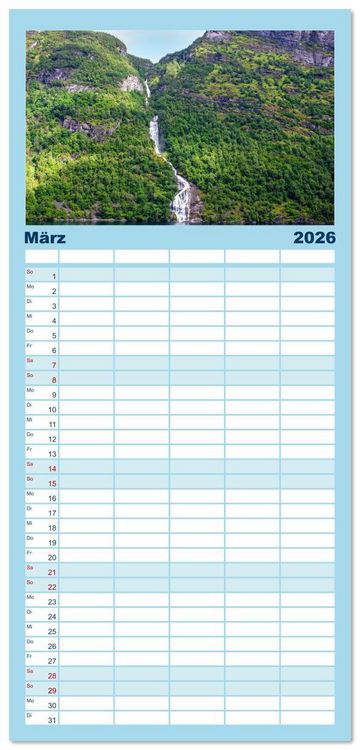 Produktbild: Familienplaner 2026 - Fjorde & Felsen &ndash; Norwegens wilde Seele mit 5 Spalten (Wandkalender, 21 x 45 cm) CALVENDO