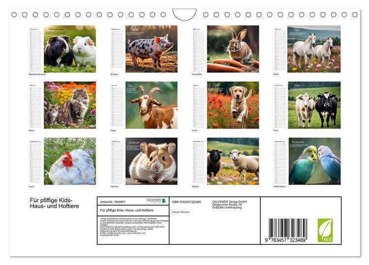 Produktbild: F&uuml;r pfiffige Kids- Haus- und Hoftiere (Wandkalender 2026 DIN A4 quer), CALVENDO Monatskalender