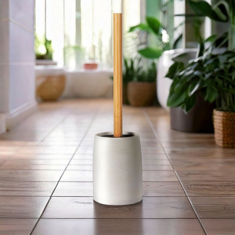 Produktbild: WC-Garnitur Mod. Altavalle, wei&szlig;, polyresin, bambus, 38.5x10.5 cm, schwarzer B&uuml;rstenkopf,